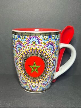 Multicolor Ceramic Morocco Star Flag Geometric Pattern Mug Cup w/ Spoon 12oz